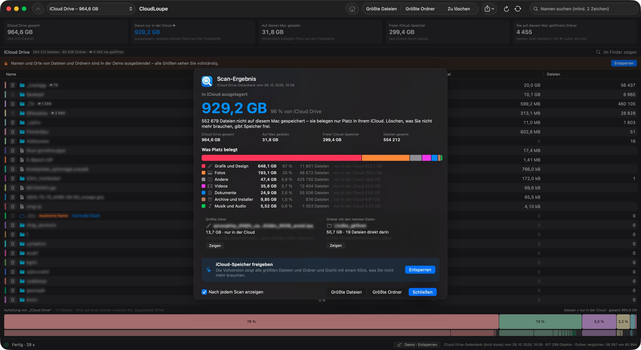Hauptfenster von CloudLoupe mit dem Scan-Ergebnis: 929 GB in iCloud ausgelagert, nach Dateityp aufgeschlüsselt
