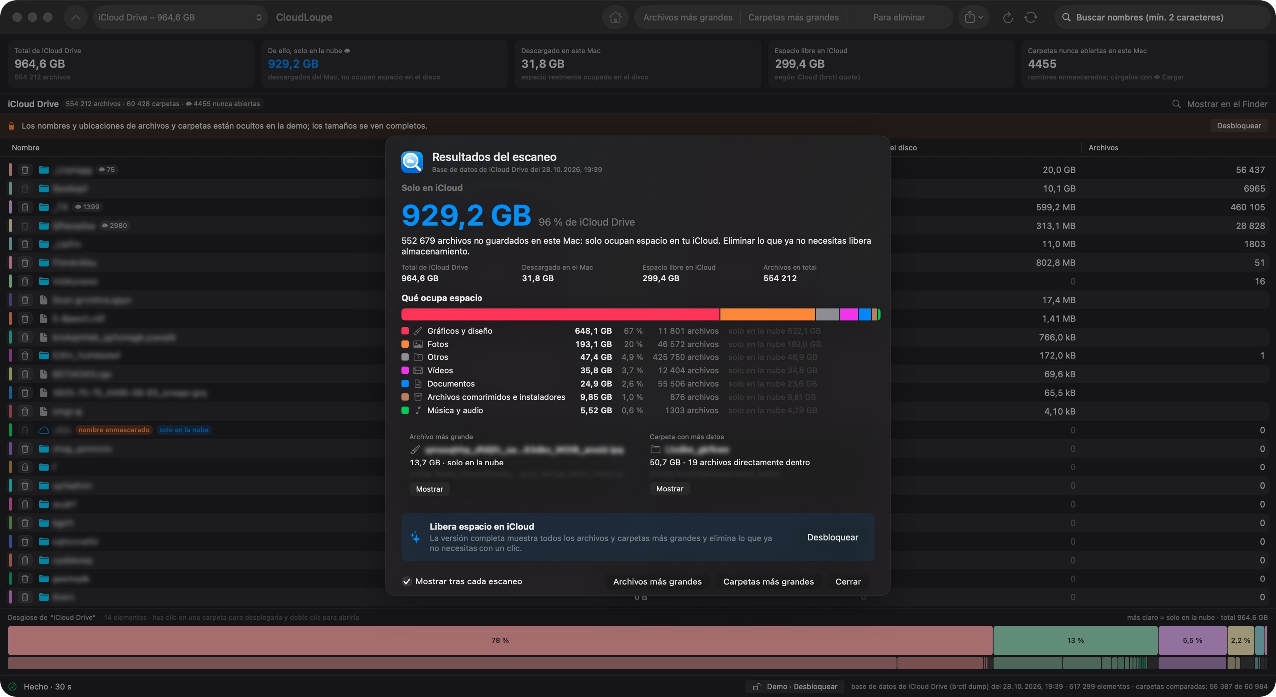 Ventana principal de CloudLoupe con el resultado del escaneo: 929 GB descargados a iCloud, desglosados por tipo de archivo