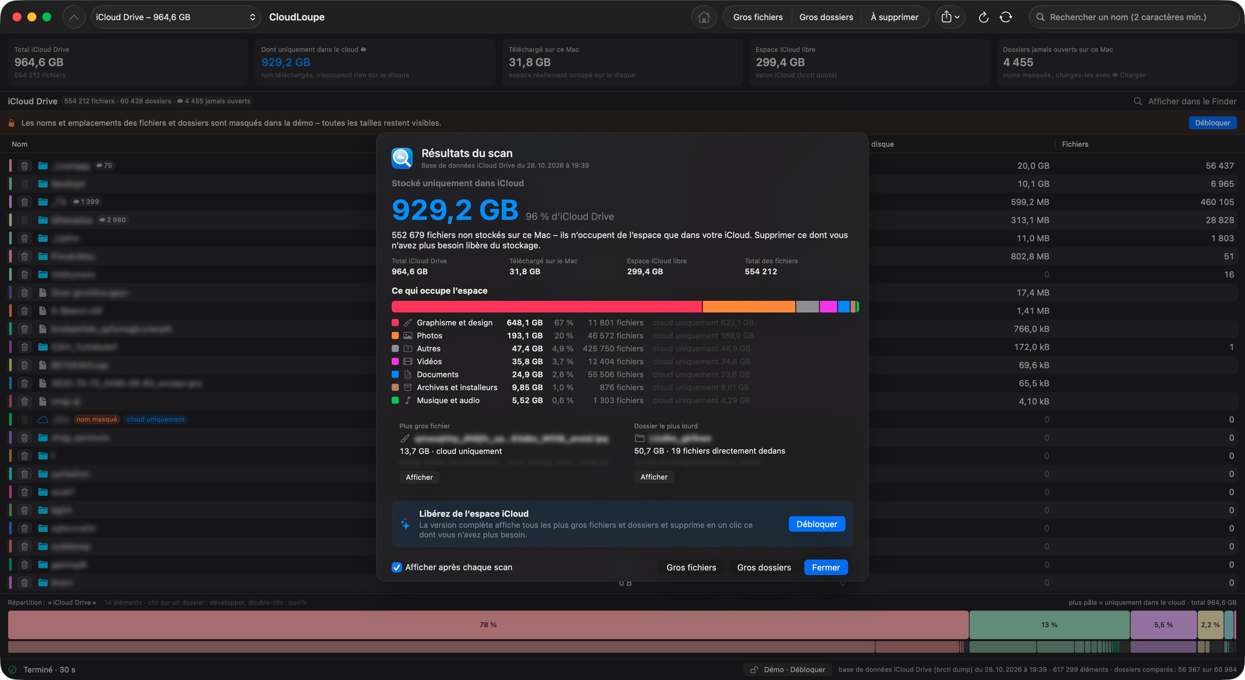 Fenêtre principale de CloudLoupe avec le résultat de l’analyse : 929 Go déchargés dans iCloud, répartis par type de fichier